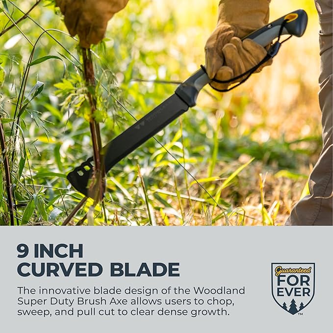 Woodland Tools Super Duty Brush Axe – 9 Inch Curved Blade with Triple Pinned Full Tang Long Handle Batoning Spine and Ballistic Nylon Sheath – Manual Tool for Brush Clearing and Trail Work
