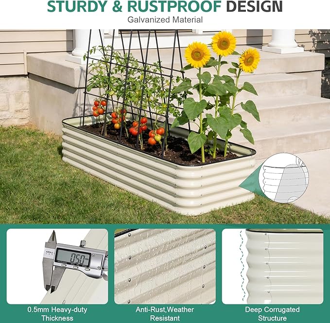 5 in 1Galvanized Raised Garden Bed - 8x3x1.4ft Modular Garden Planter Bed Outdoor | Steel Raised Bed Kit with Bracing Rods Gloves for Gardening Vegetables Fruits and Flowers - White