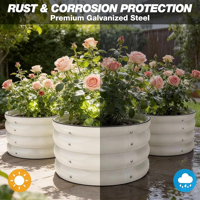 SHALL 8PC Galvanized Raised Garden Bed Kit 3Pc 2x2x1ft Round Planter Boxes Outdoor W/Mini Seed Spreader Disk Seeder 2X Seeding Transplanters Protective Gloves for Flowers Fruits Vegetables Herbs