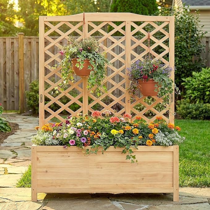 Wooden Raised Garden Bed with Trellis Freestanding Planter Box with Drainage for Vines Climbing Plants Flowers Herbs Elevated Gardening Planter for Backyard Balcony Patio
