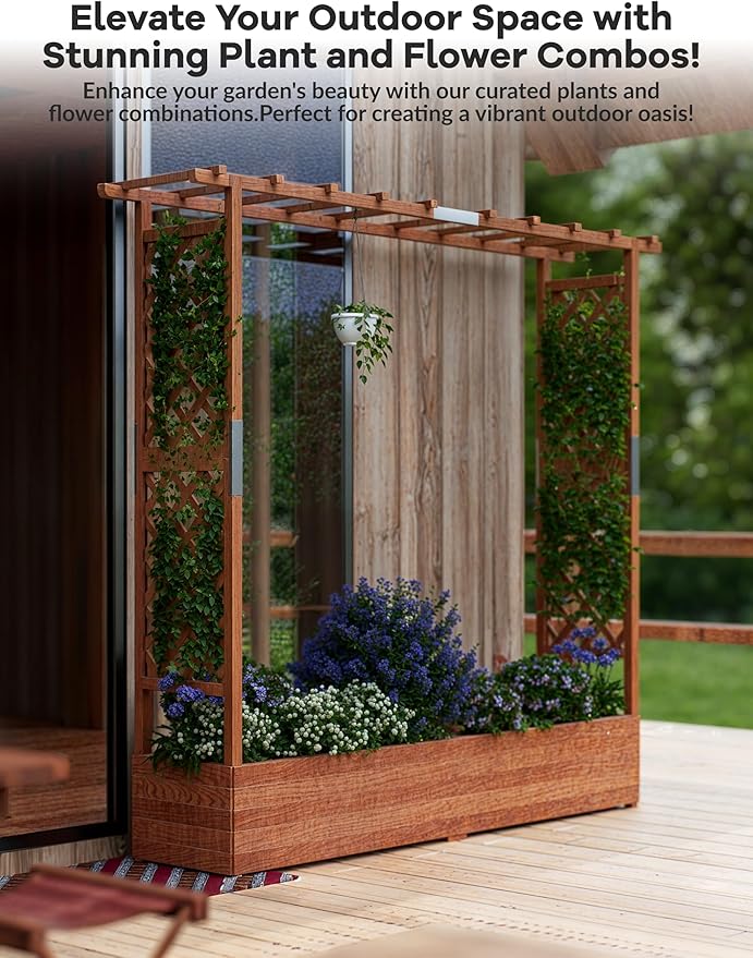 CABIHOME Raised Garden Bed with Arch Trellis and WheelsWooden Planter Box with Hanging Roof Side Trellis 4 Drainage Holes for Climbing Plants Vegetables &amp Vines 79x17x72 Orange