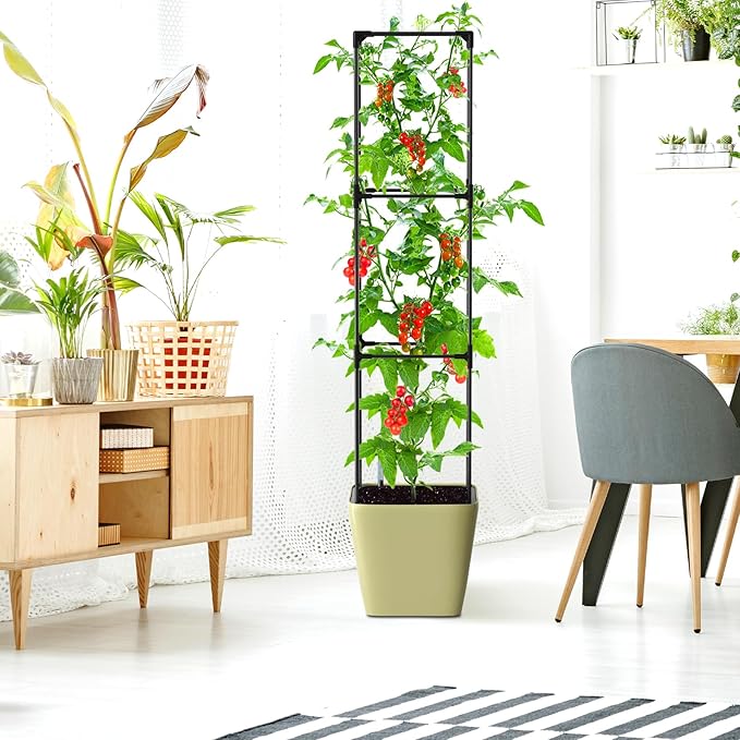 Tomato Planter Box with Trellis Self Watering Rolling Raised Garden Bed with Water Level Monitor for Climbing Vegetables Plants Cage Garden Planters Plant Pots for Plants Flowers Decor