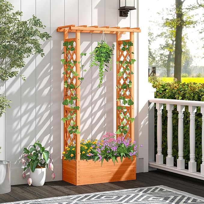 LDAILY Raised Garden Bed with Trellis Above Ground Garden Bed with Hanging Roof Side Trellis &amp Drainage Holes Planter Box for Outdoor Climbing Plants Vines Flowers (1 31 L x 14 W x 60 H)