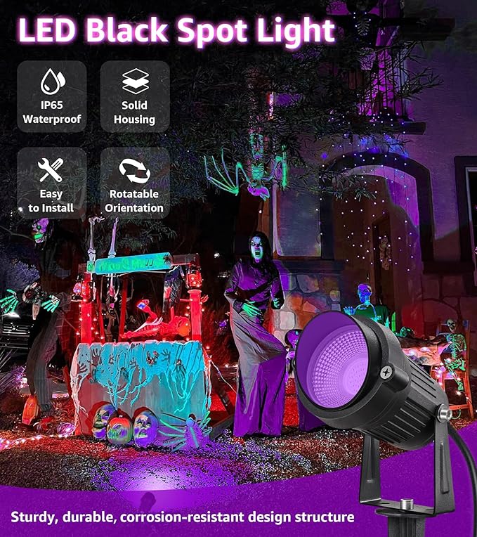 SUNVIE LED Black Light Spot Light Outdoor 10W Blacklight Spotlight Waterproof Halloween Spot Light Outdoor Black Light 120V Purple Spotlight Blacklights for Glow Party Decorations 2Pack