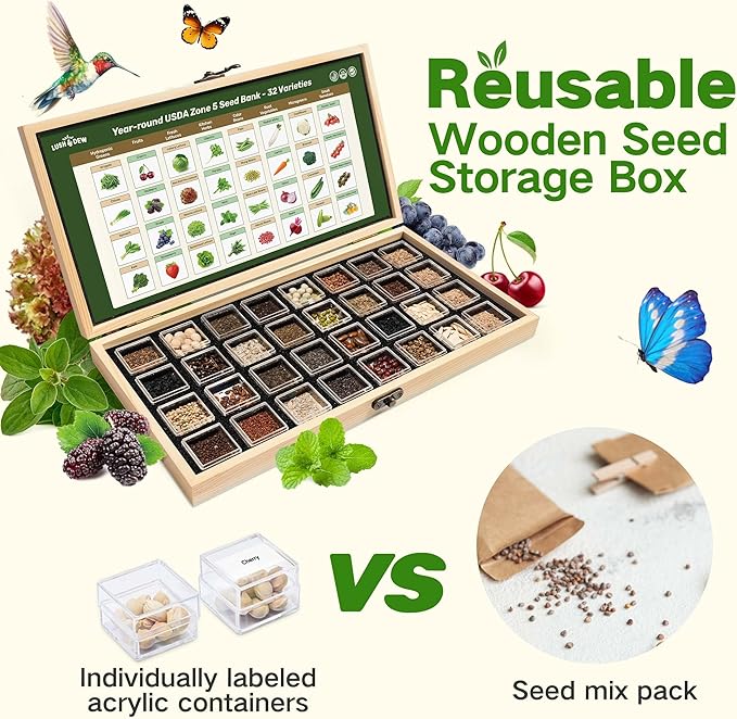 Lush&ampDew Year-Round USDA Zone 5 Seed Bank 32 Varieties Non-GMO Heirloom Seeds of Vegetables Herbs Gardening Gifts for Women Men Emergency Survival Kit for Raised Garden Bed Greenhouse