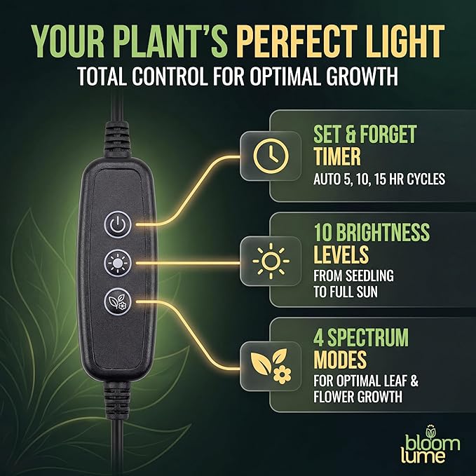 Bloom Lume LED Grow Lights for Indoor Plants Full Spectrum - Features Multi Mode Color Spectrums Dimmable Auto Timer Clip on Goosneck Plant Lamp