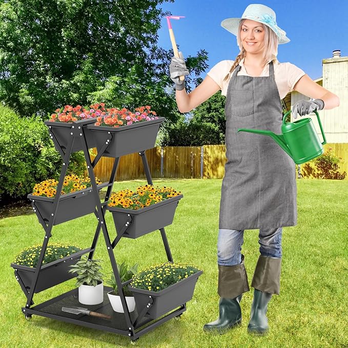 HAPPYGRILL Raised Garden Bed Vertical Garden Planter with Lockable Wheels Drainage Holes 3-Tier Elevated Planter Box for Deck Patio Balcony Perfect for Vegetables Flowers Herbs Tools