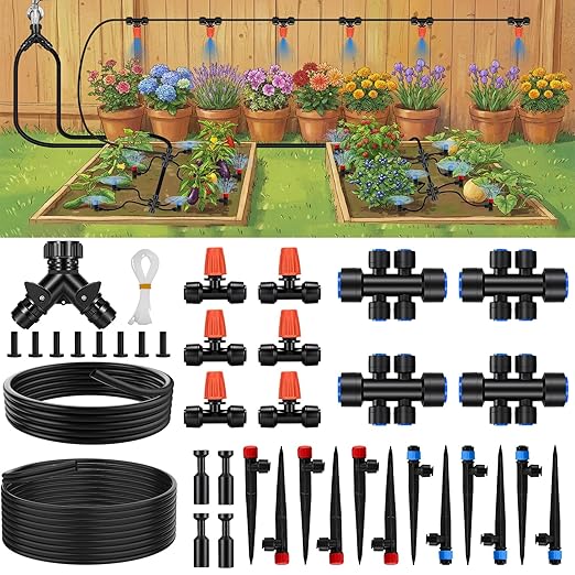 2026-Upgrade Quick-Connect Drip Irrigation System Garden Irrigation Kit with 2/5 &amp 1/4 Tubing and Adjustable Nozzles &amp Sprinklers Automatic Watering System for Garden Lawn Greenhouse