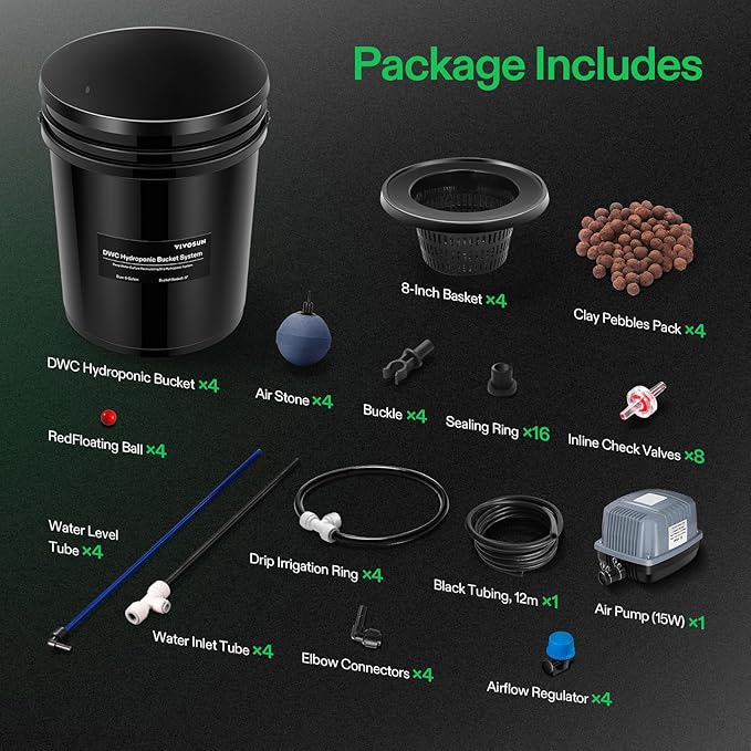 VIVOSUN DWC Hydroponics Grow System with Top Drip Kit 5-Gallon Deep Water Culture Recirculating Drip Garden System with Multi-Purpose Air Hose Air Pump and Air Stone (4 Buckets + Top Drip Kit)
