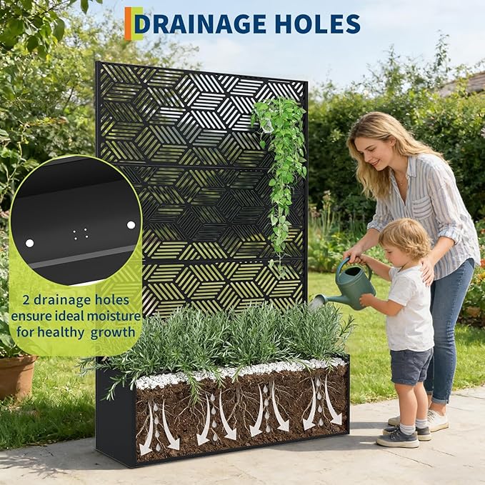 Garvee Metal Raised Garden Bed with Trellis 71x47x16 Metal Planter Box with Trellis Privacy Screen for Climbing Plants Vegetable Vines Drainage Holes 15.8 Deep Planting Bed Black