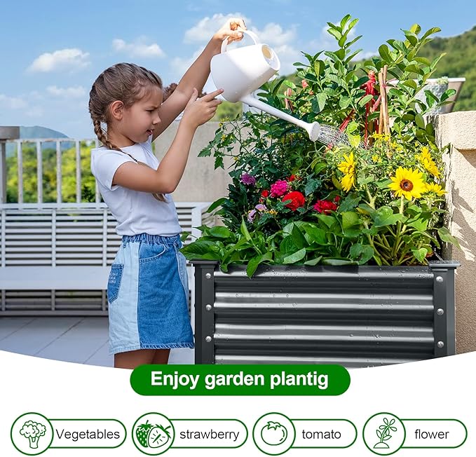 Land Guard Galvanized Raised Garden Bed with Legs 48×24×32in Large Metal Elevated Raised Planter Box with Drainage Holes for Backyard Patio Balcony 700lb Capacity(Grey)……