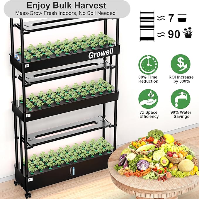 Large Hydroponics Growing System Kit 90 Pods Vertical Hydroponic Garden with 2 Light Modes Grow Light Auto Circulating Water System 40L Indoor Gardening System for Herb Vegetable Fruit