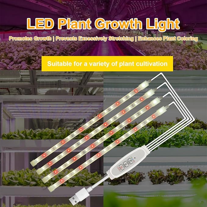 Full Spectrum Plant Growth Light 250W LED Grow Light Strips 24-Hour Cycle Timer 4 Dimmable Levels USB Plug and Play Easy Installation (100cm 2 Strips)