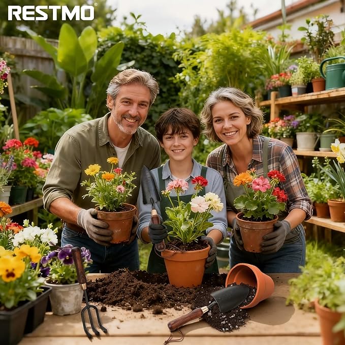 RESTMO 3-in-1 Heavy Duty Gardening Tools Kit Premium Carbon Steel Garden Hand Tools with Ergonomic Wooden Handle Includes Trowel Transplanter and Cultivator Ideal Gardening Gifts for Gardener