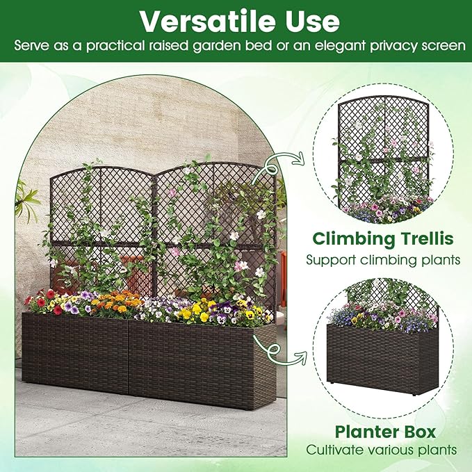 Giantex Raised Garden Bed with Trellis 49'' Tall PE Rattan Planter Box w/Liner &amp Drainage Metal Frame Privacy Screen for Vertical Climbing Plants Vegetables &amp Flowers Patio Balcony Gardeni