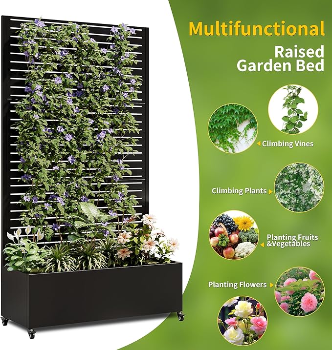 Mobile Metal Planter Box w/Trellis - 4-Wheel Raised Garden Bed Adjustable Privacy Screen for Climbing Plants &amp Vegetables Patio/Deck Planter with Frame