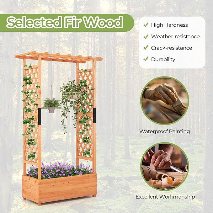 LDAILY Raised Garden Bed with Trellis Above Ground Garden Bed with Hanging Roof Side Trellis &amp 4 Drainage Holes Planter Box for Outdoor Climbing Plants Vines Flowers (1 43.5L x 17.5W x 72H