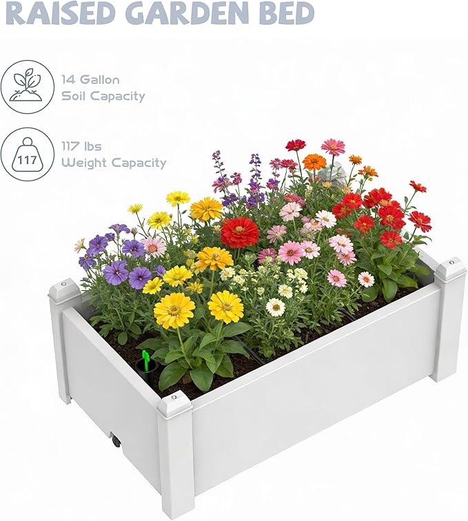 Elevated Raised Garden Bed 14 Gallon Outdoor Large Resin Patio Planter Box Stand Divisible with Drain Plug Water Monitor for Plants Vegetables Flowers Fruits (Ashen)