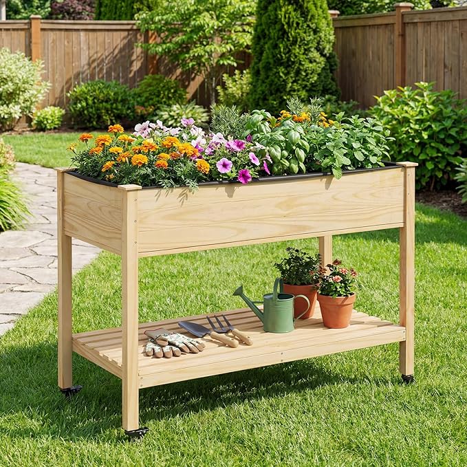 COSTWAY Pine Wood Raised Garden Bed 47 x 23 x 33 Elevated Planter Box with Storage Shelf Lockable Wheels Liner Drainage for Vegetables Flowers Herbs Yard Balcony