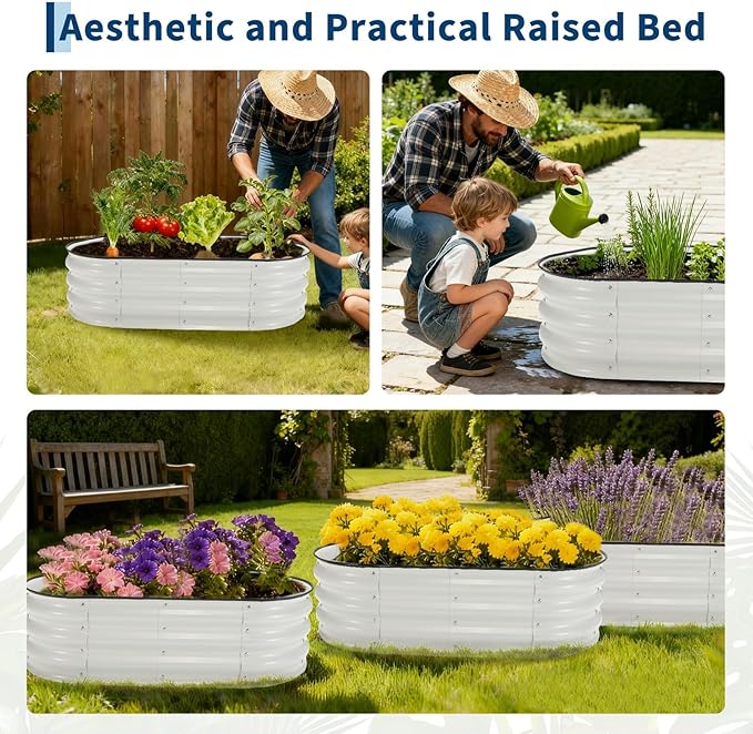 4x2x1ft Galvanized Raised Garden Bed Kit Metal Raised Garden Bed for Vegetables Flowers &amp Herbs Oval Planter Box with Open-Ended Base Large Outdoor Garden Bed for Backyard Patio White