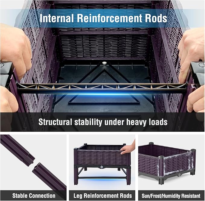 Raised Garden Bed with Reinforcement Rods Elevated Planter Boxes for Outdoor Plants with Drainage Holes for Flowers Vegetables Herbs Patio Backyard Deck Balcony Purple 31.5x15.7x13.8 in