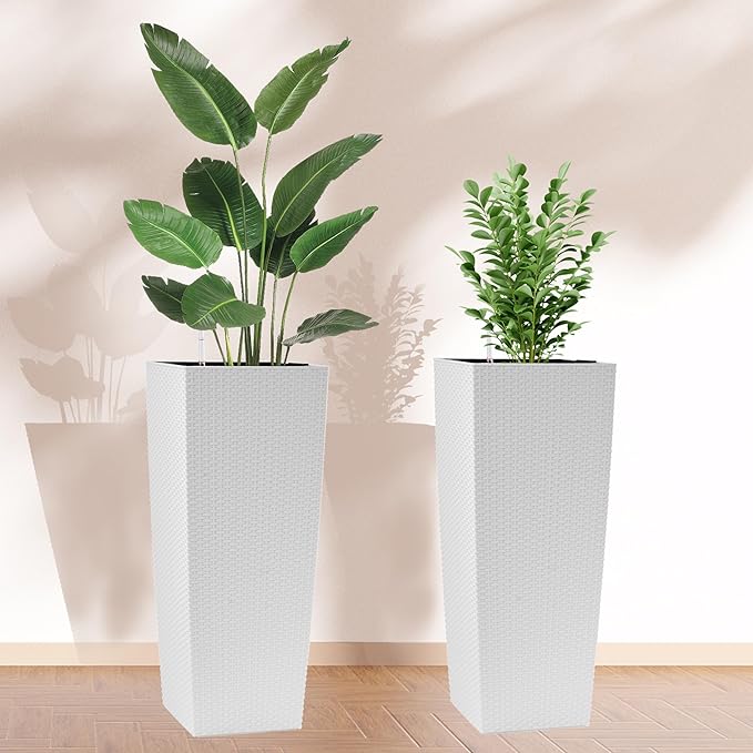 IndoorOutdoor Faux Rattan Square Planter 30 Inch White Plastic Large Planter with Automatic Watering System for Home and G(White 30 Inch 1)
