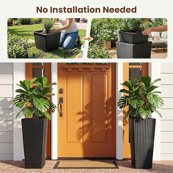Giantex Tall Planters Set of 2 24”H Tapered Rattan Planter with Detachable Inner Boxes Indoor Outdoor Standing Wicker Flower Pots for Front Porch Patio Balcony Black