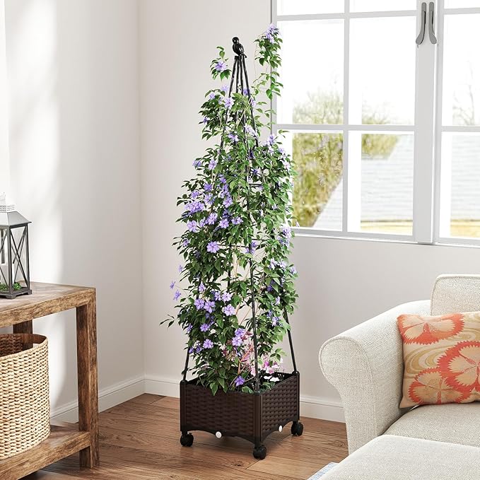 HAPPYGRILL 71 Garden Trellis for Climbing Plants Self-Watering Raised Garden Bed w/Obelisk Trellis Lockable Wheels Adjustable Height Indoor Outdoor Vertical Planter Box for Flower Vine (1)