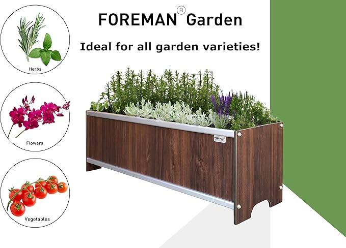 Foreman Raised Garden Bed 10 Year Warranty 36”Lx12”Wx14”H Premium Plastic Wood Grain Aluminum Frame Elevated Planter Box for Backyard Patio Balcony Tosca