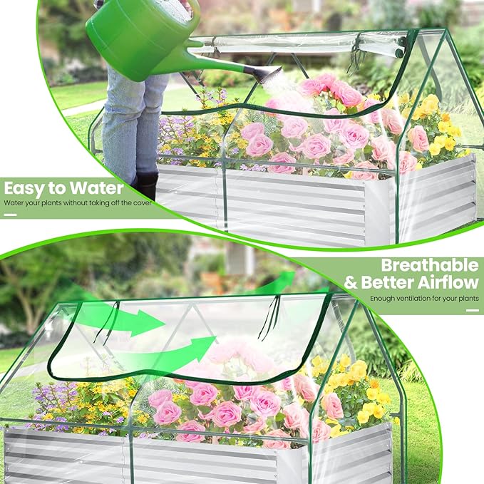 6x3x3ft Galvanized Raised Garden Bed with Cover Extra-Thick Metal Planter Box Kit w/ 2 Roll-Up Large Screen Windows Mini Greenhouse &amp1 Pair of Gloves for Growing Vegetables Fruits Flower Clear