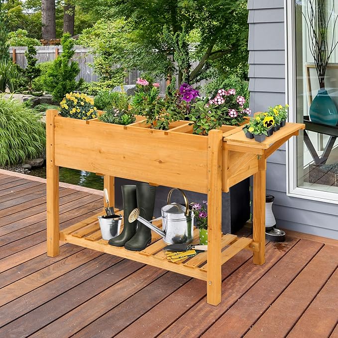 Giantex Planter Raised Bed Elevated Raised Garden Box with 8 Grids and Side Work Table Outdoor Wood Plant Container Backyard Patio (48.5 Lx21 Wx31.5 H)
