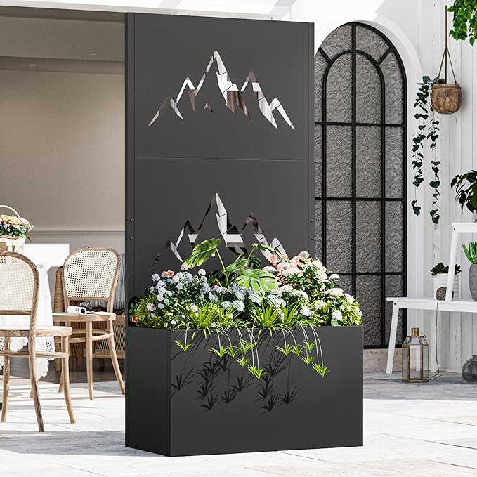 Modern Shade Metal Planter Box with Trellis Privacy Screen 4x6 FT Large Raised Garden Bed Multi-Functional Privacy Screen Outdoor with Drainage Holes for Climbing Plants Summit Horizon
