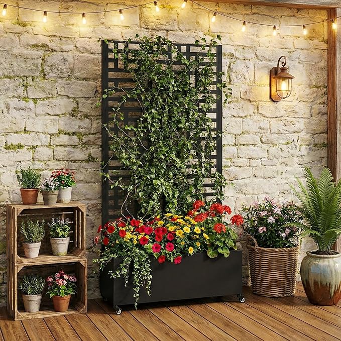 70.87x35.43x15.75 Inch Metal Planter Box with Trellis and Wheels Privacy Screen Planter with Drainage Holes Outdoor Garden Box for Climbing Plants Vine (02)