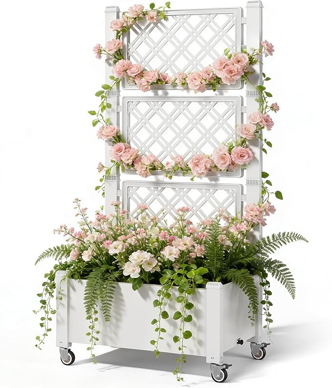 Miory 60 Raised Garden Bed with Trellis &amp Wheels Vertical Gardening Planter Box with Water Level Indicator and Drainage System for Garden Outdoor Patio Balcony