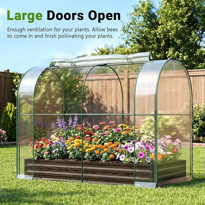 DoCred Galvanized Raised Garden Bed with PVC Cover 84.6 x 45.3 x 47.2 Metal Planter Bottomless Box w/Roll-Up Window Mini Greenhouse Tent for Outdoor Growing Vegetables Flower Fruit