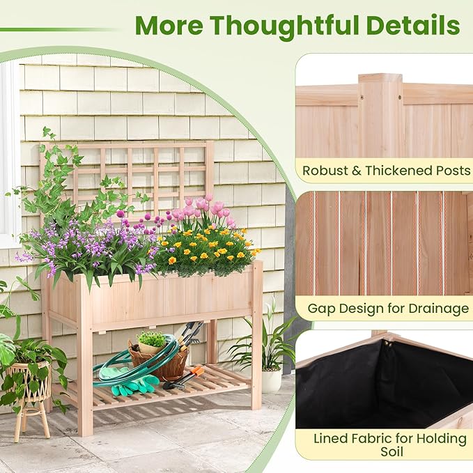 S AFSTAR Raised Garden Bed with Trellis 42x21x58in Elevated Planter Box with Legs Bottom Storage Shelf Planter Liner Wood Standing Planter Stand for Climbing Plants Flowers Vegetables Herbs