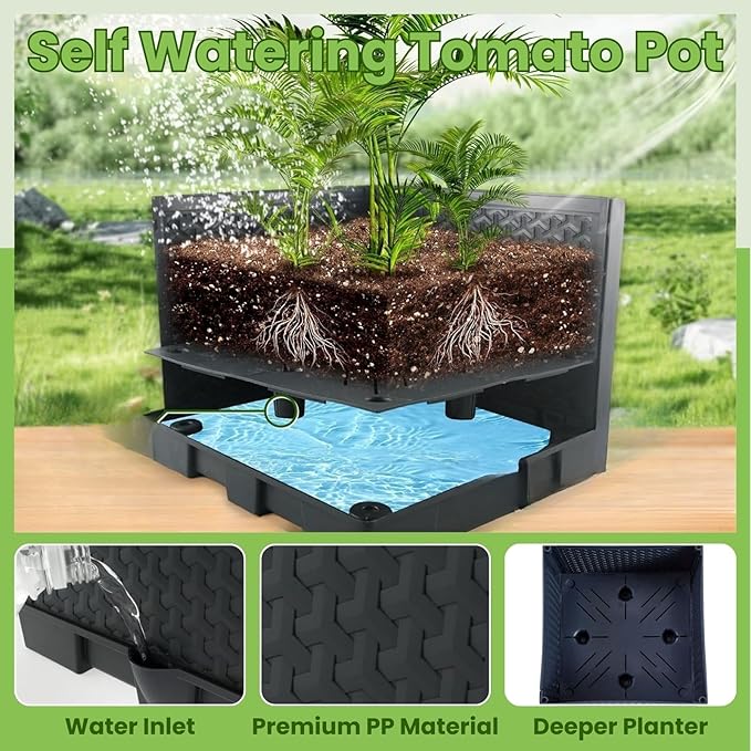 2 Pack Raised Garden Bed Tomato Planter with Trellis - 45 Self Watering Planters Box with Trapezoidal Trellis for Climbing Plants Vegetables Flowers - Tomato Cages for Greenhouse Indoor Outdoor