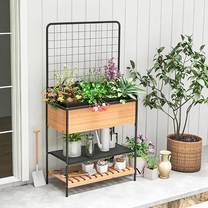 HAPPYGRILL Outdoor Raised Garden Bed 59” Wooden Elevated Planter Box w/Open Storage Shelves Removable Grid Divider Drain Holes &amp Black Liner Raised Garden Bed w/Legs &amp Trellis for Vegetabl