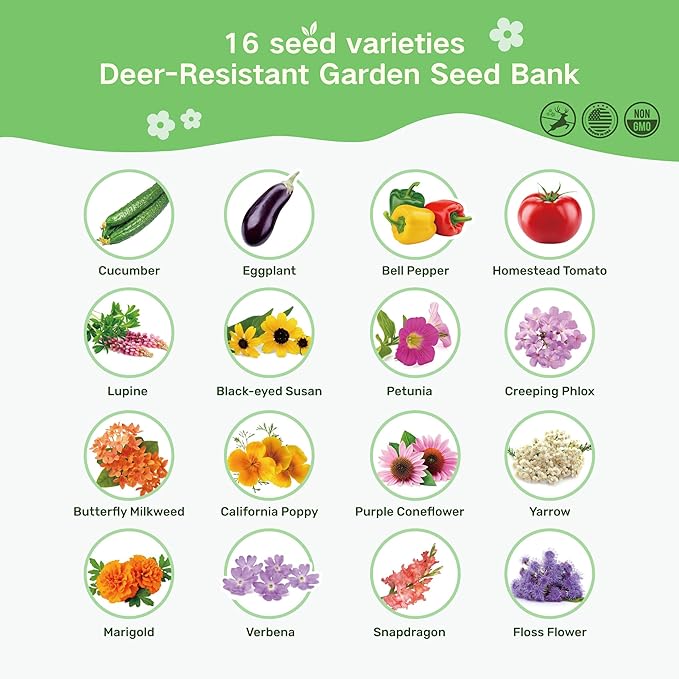 Lush&ampDew Deer-Resistant Heirloom Seed Bank Gardening Gifts for Women Men 16 Varieties of Non-GMO Seeds for Planting Perennials Annuals Flowers Pollinator Friendly Garden (USDA Zone 3-10)
