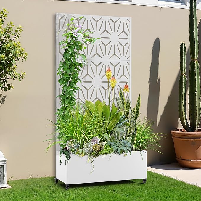 Raised Garden Bed with Trellis and Wheels73x35x16 Metal Raised Garden BedWhite Star Metal Planter with Climbing Trellis for Vines &amp Vegetables
