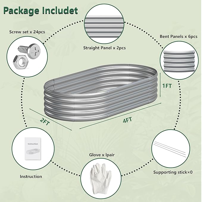 4x2x1FT Galvanized Raised Garden Bed KitVegetable Boxes-Oval Metal Flower BoxLarge Planter Raised Beds Outdoor Garden for PlantingFruitHerb-Silver