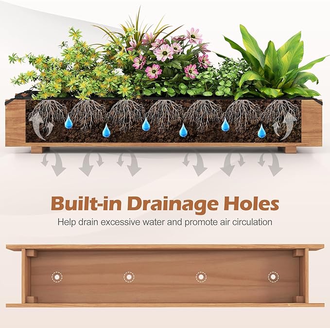 2 Pieces Wooden Raised Garden Bed with Drainage Holes Liner Rectangular Elevated Planter Box for Vegetable Flower Herb Succulent Indoor Outdoor Growing Bed for Backyard Patio Balcony