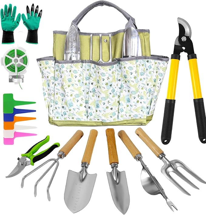 41-Piece Premium Gardening Tool Set Stainless Steel Heavy Duty Gardening Tool Kit with Non-Slip Rubber Grip Storage Tote Bag Outdoor Hand Tools Ideal Gardening Gifts for All (Green)