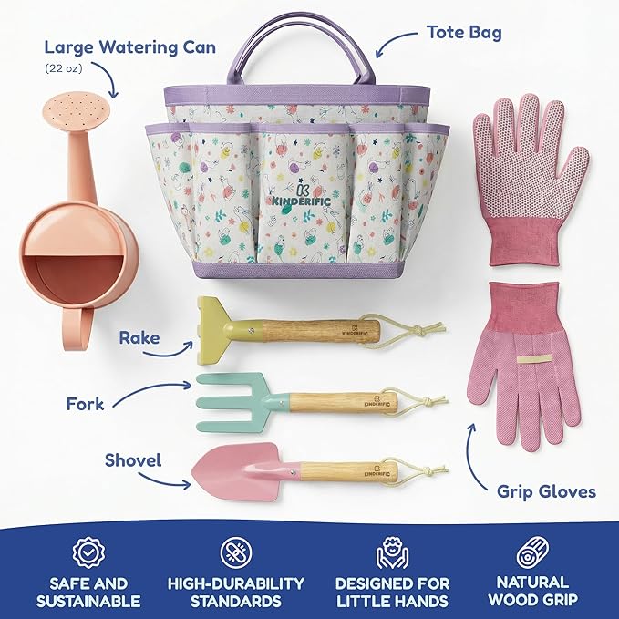 Gardening Set Tool Kit for Kids STEM Includes Tote Bag Spade Watering Can Rake Fork Trowel and Gloves Egg Hunt