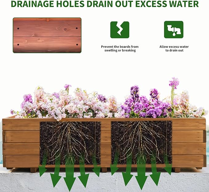 Wooden Planter Box 47.24 x 15.75 x 12.6 – Fir Wood Raised Garden Bed for Vegetables Herbs &amp Flowers Includes Fabric Planter Liner 4 Drainage Holes Water-Based Finish