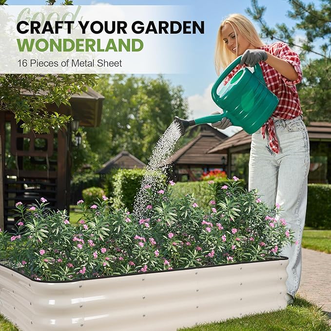 G GOOD GAIN 4-in-1 Adjustable Raised Garden Bed Kit | Galvanized Planter Boxes for Vegetables Flowers | 12 Tall Multiple Sizes (5x3x1ft 4x4x1ft 6x2x1ft 7x1x1ft) | Outdoor Metal Raised Bed White