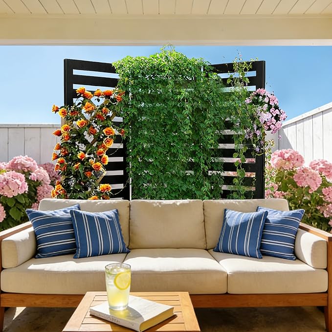 GarveeLife 52x70x28 Inch Privacy Screen with Planter Box Metal Garden Fence Panel 3-Panel Freestanding Outdoor Room Divider with 4 Self-Draining Raised Garden Beds for Patio Deck Yard