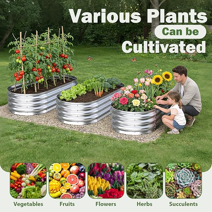 Galvanized Raised Garden Bed Outdoor 4x2x1ft(2Pack) Metal Heavy Duty Planter Boxes for Gardening Easy Assemble Small Oval Plant Container Kit for Vegetables Flowers Fruits Silver