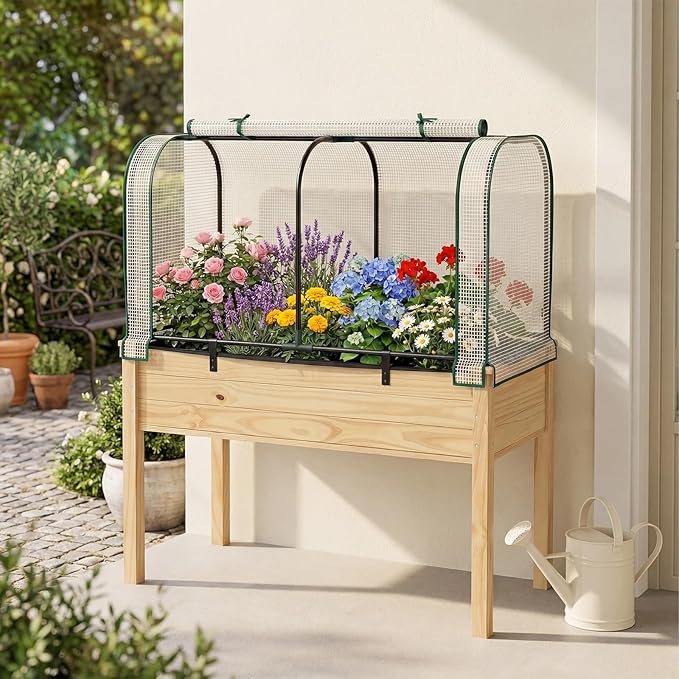 Giantex Raised Garden Bed with Cover Wood Elevated Planter Box with Legs &amp Mini Greenhouse Waterproof Sun-Protective PE Green House Cover Outdoor Use for Fruit Vegetable Flower Herb (White+Natu