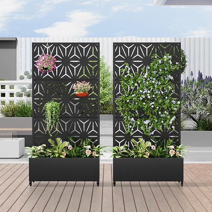 Casaphoria 72x35 Metal Raised Garden Bed with Trellis(2 Pack) Outdoor Planter Box with Wheels &amp Drainage Holes for Climbing Plants Flowers Elevated Garden Kit with Privacy Screen Black-Star